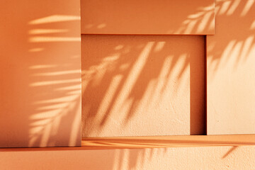 Minimal product placement background with palm shadow on plaster wall. Luxury summer architecture interior aesthetic. Creative boho concept home product platform stage mockup