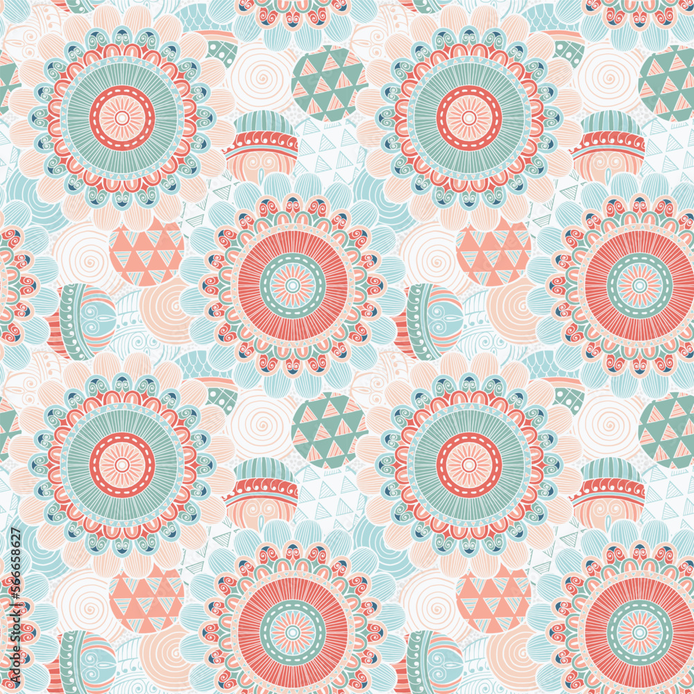 Hand drawn Mandalas and circle decorative elements, Colourful Seamless pattern For fabrics, clothing, decoration, home decor, cards and templates, wrapping paper, kids prints. Hand drawn Mandalas and circle decorative elements, Colourful Seamless pattern For fabrics, clothing, decoration, home decor, cards and templates, wrapping paper, kids prints.