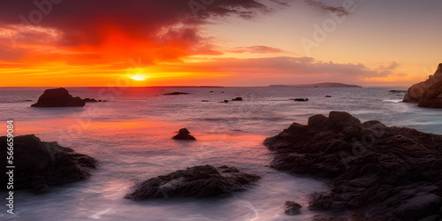 a picturesque beach with a rocky coastline and a dramatic sunset in the background