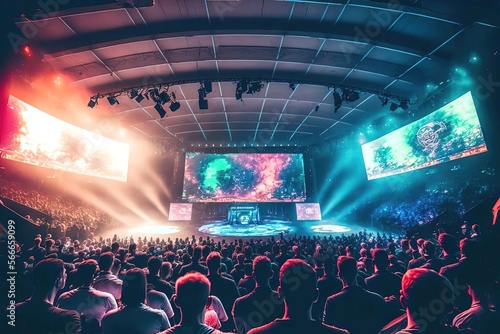 esports arena, filled with cheering fans and colorful LED lights. Players compete on a large stage in front of a massive screen displaying the game, Generative AI 