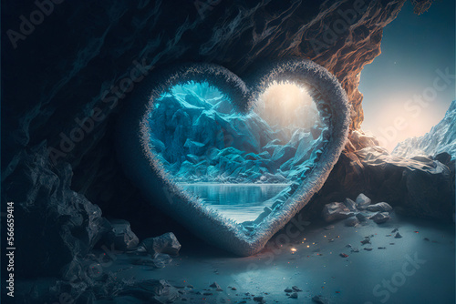Heart-shaped winter portal, landscape, frost, valentine's day, love, generative ai © Gizmo