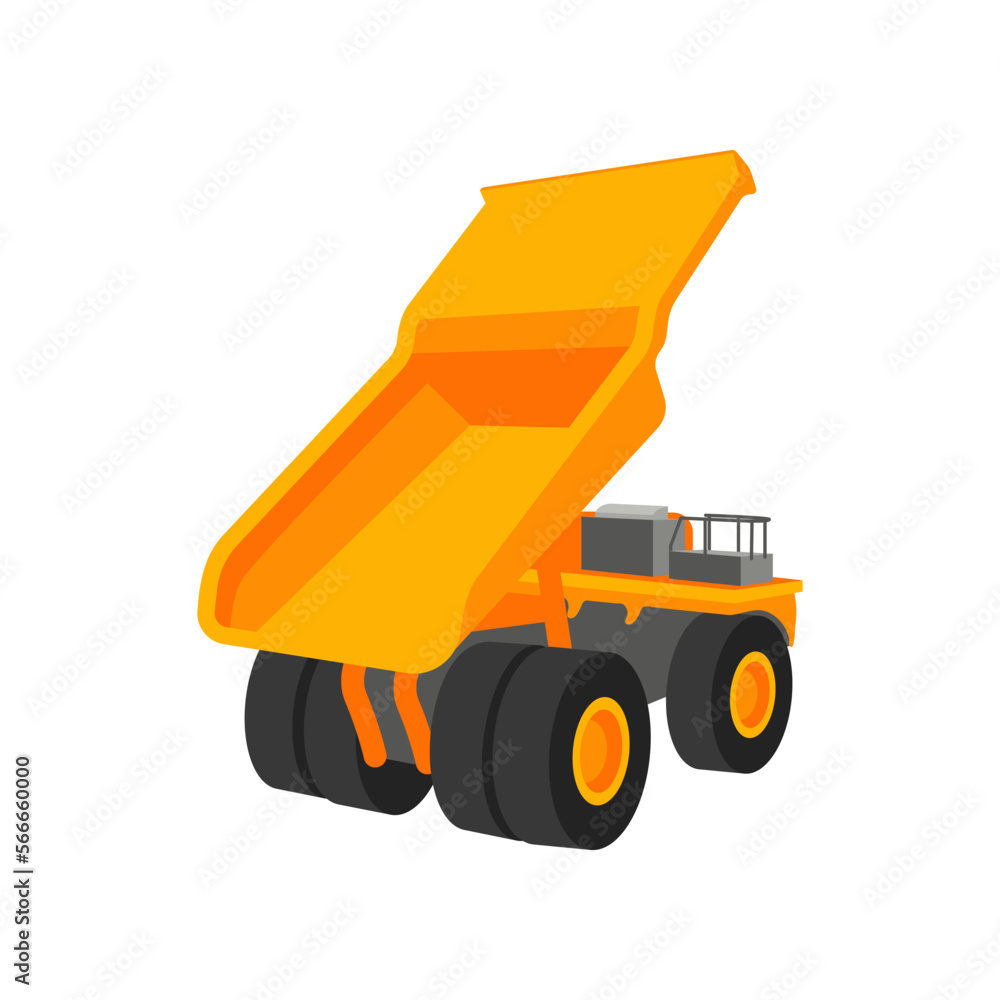 Cartoon drawing of orange truck on white background. Construction site vehicle vector illustration. Construction concept