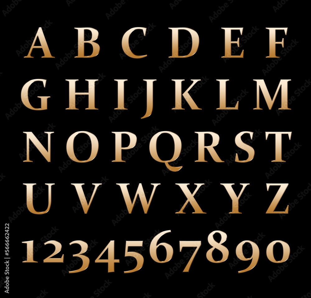 Gold letters and numbers on a black background. Gold letters and numbers on a black background.