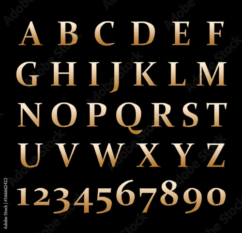 Gold letters and numbers on a black background.