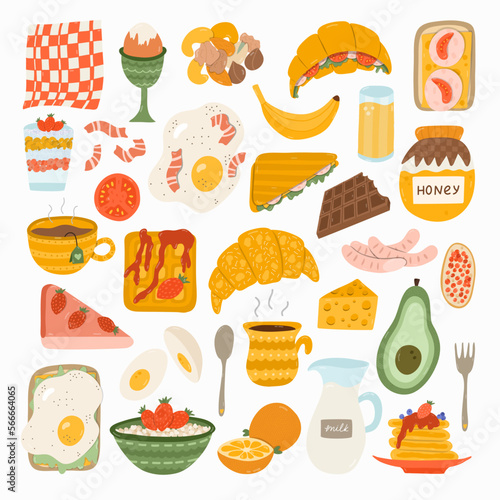Big set of food and beverage for breakfast. Different variations for meal: vegetarian, healthy, fried, meat. Popular products. Egg, oatmeal, milk, avocado, toast, coffee, croissant, chia, pancakes.