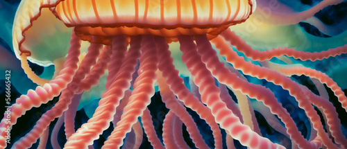 Surreal jellyfish in ocean, noodle-like tentacles. Generative AI photo