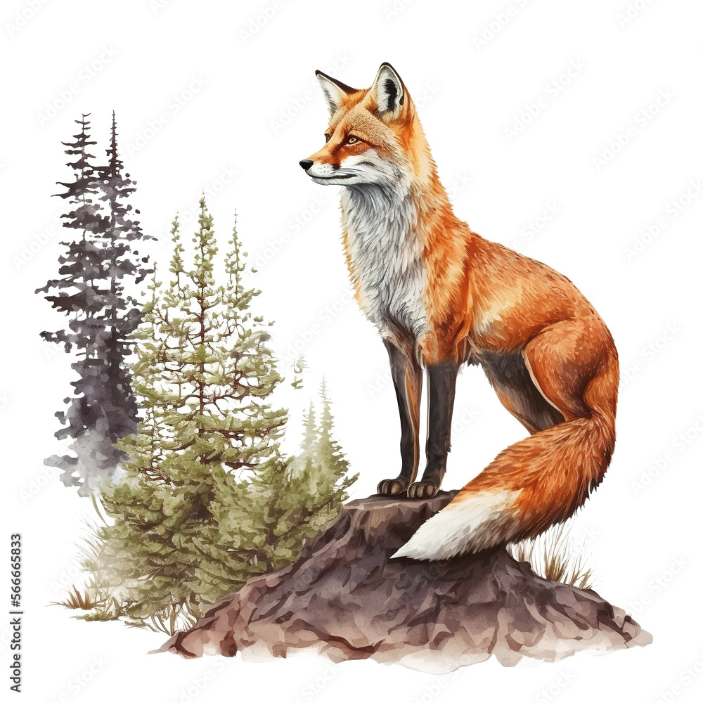 Fototapeta premium red fox sitting in wilderness photo realistic classic illustration on isolated background