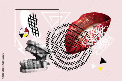 Collage jaw and lips art fashion poster, halftone effect trendy modern illustration