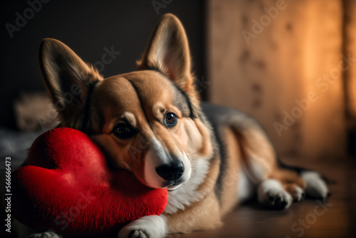 A lying welsh corgi dog with a red heart toy. Valentines Day concept