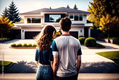 Young Couple standing in front of a modern new house, CFC2023SPR