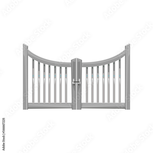 Fence gate with steel bars vector illustration. Manor barrier with closed door isolated on white background. Entrance, city concept