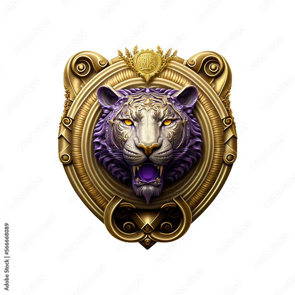 A Silver and gold metal tiger head metal emblem. 3D style tiger metal badge. Coat of arms tiger head. Tiger head metal insignia. Animal badge. Tiger head metal symbol. Medallion.