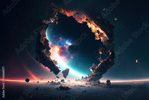 Strange physics of distant worlds in universe. Collapse of 4d space in 3d. Generative AI photo
