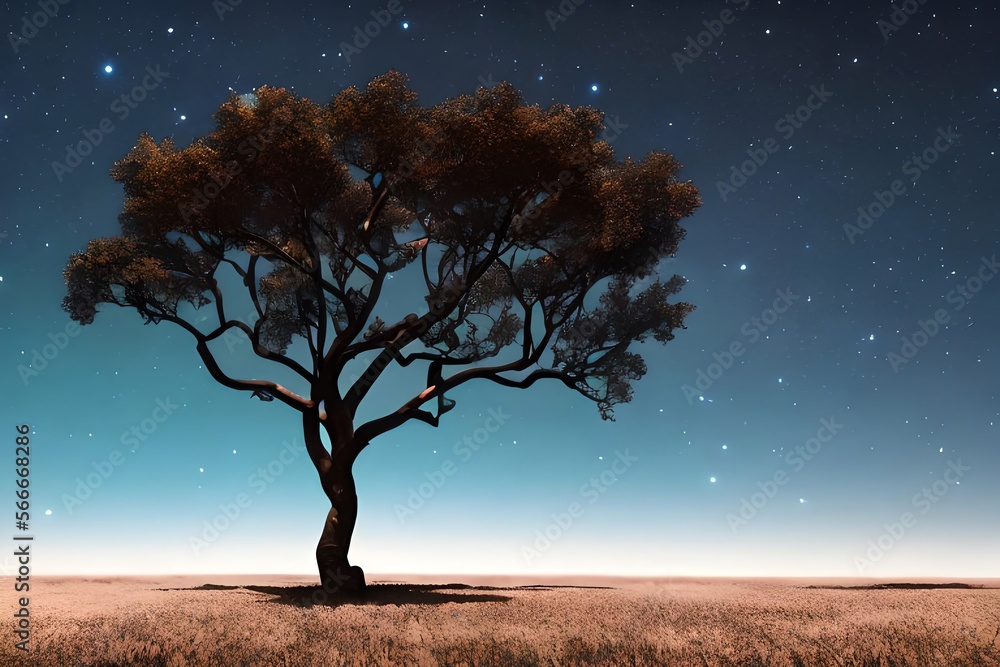 A tree silhouette with stars and a nebula. Generative AI A tree silhouette with stars and a nebula. Generative AI