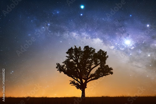 A tree silhouette with stars and a nebula. Generative AI