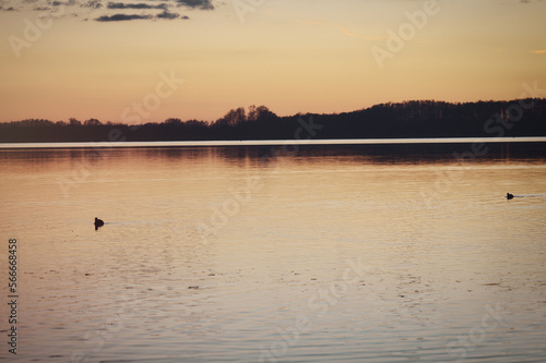 See im Abendrot mit V  gel - Sunset - Landscape - Beautiful sunset scene over the lake and silhouette hills in the background - Sunrise over sea - 