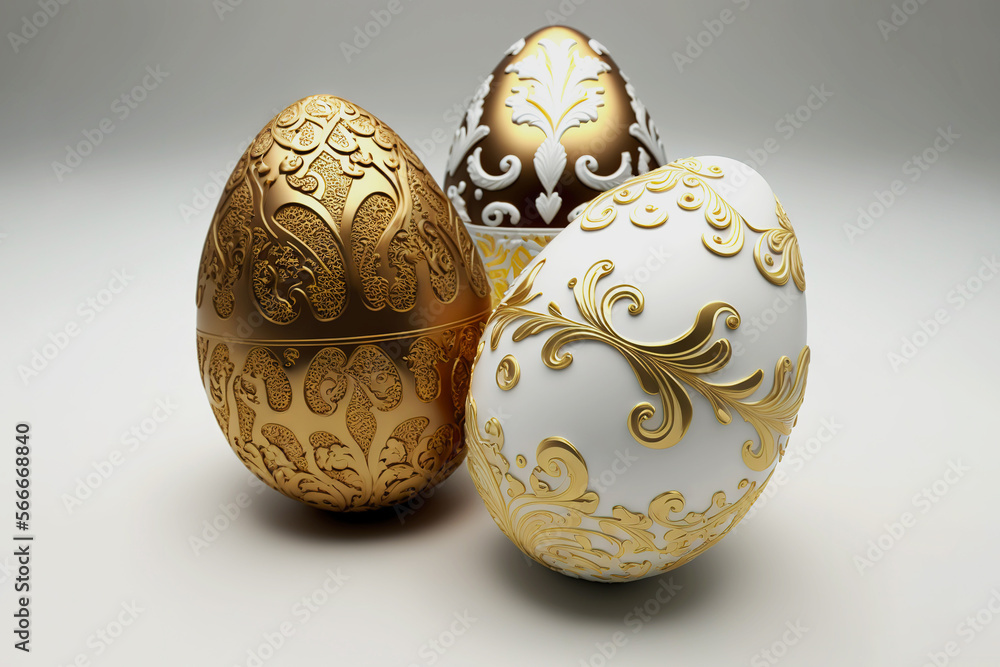 Golden ornate Easter eggs on uniform background. Stylish Easter concept. Generative AI Golden ornate Easter eggs on uniform background. Stylish Easter concept. Generative AI