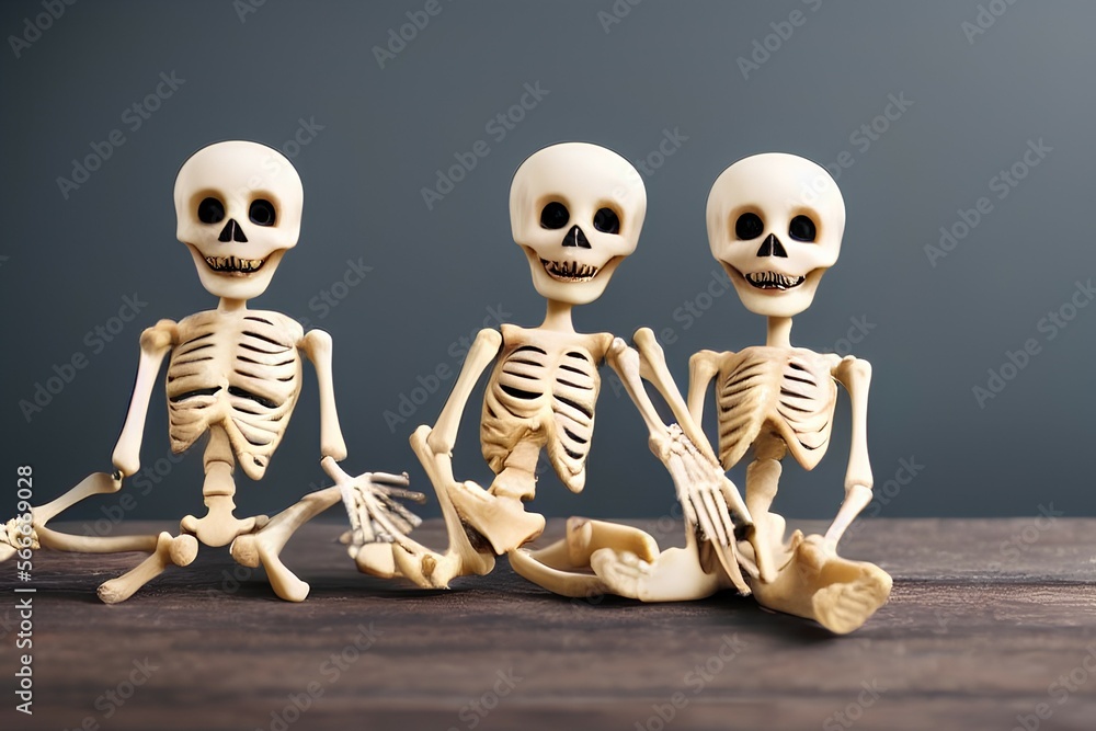 Couple skeleton toys sitting on coffee cup on table wood in coffee shop with black background - generative ai Couple skeleton toys sitting on coffee cup on table wood in coffee shop with black background - generative ai