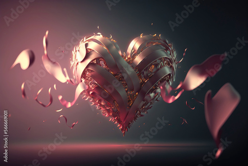  Heart made of weaven ribbons, romantic background. Valentine's day tender backdrop. Generative AI photo