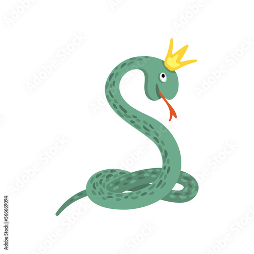 Spooky snake in crown vector illustration. Cartoon drawing of funny Halloween character isolated on white background. Halloween, fantasy concept