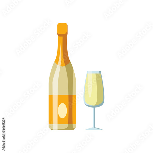 Champagne or white wine and glass vector illustration. Wine, champagne, alcohol drink. Icon of bar menu isolated on white background