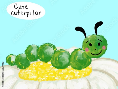 Fototapeta Naklejka Na Ścianę i Meble -  cute caterpillar on the flower, children cartoon, baby illustration