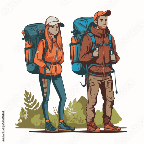 Travelers standing together, Man and woman with backpacks
