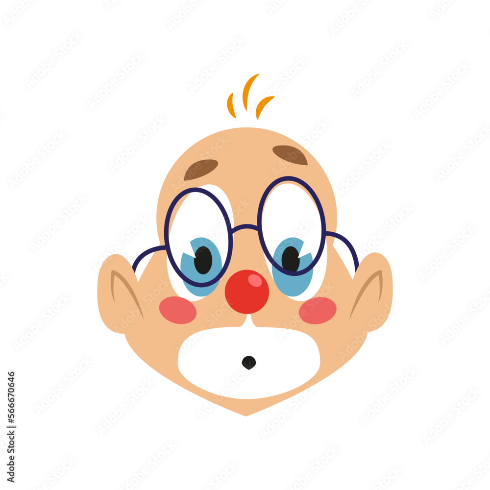 Shocked clown wearing glasses vector illustration. Facial expression of cartoon character with eye and mouth makeup isolated on white background. Emotions, circus concept
