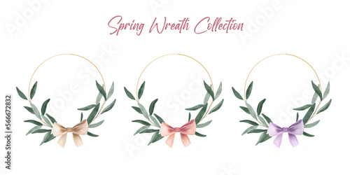 Set of vector watercolour olive wreath with bow. Spring decorative element. Home decor. Wedding with olive colours