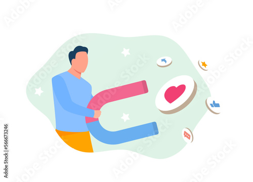 SMM marketer engages the audience. Man holds powerful magnet, attracting icons of social media engagement: likes, shares, add to favorites, comments, reposts. Digital marketing social media concept