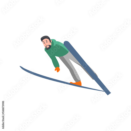 Active happy man skiing and jumping illustration. Male character with skiing equipment jumping cartoon vector illustration. Winter activities concept