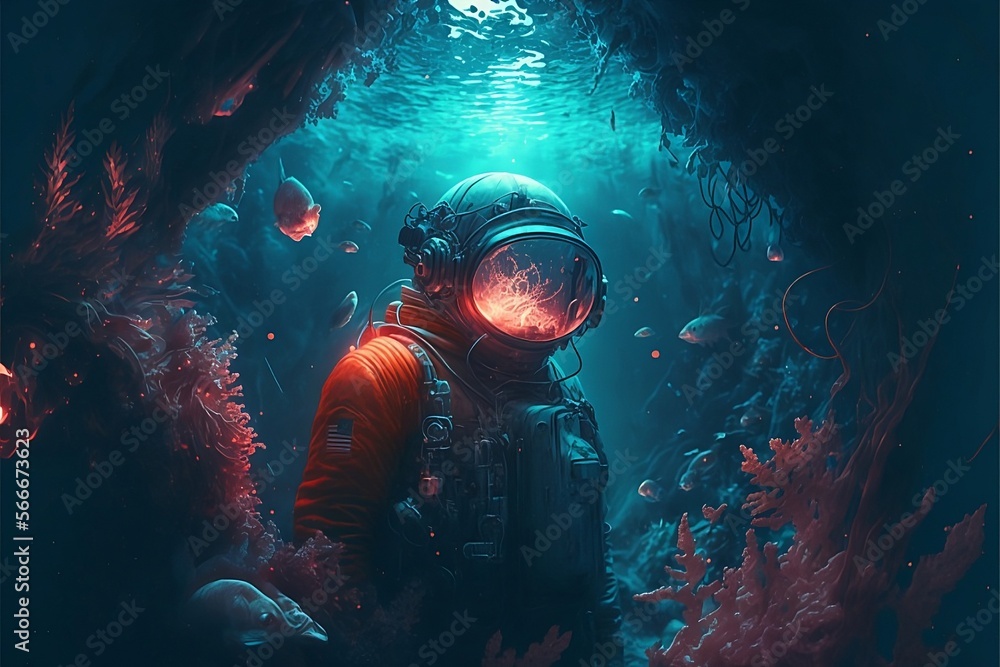 Scuba diver underwater in eerie water surrounded by strange sea creatures. generative ai