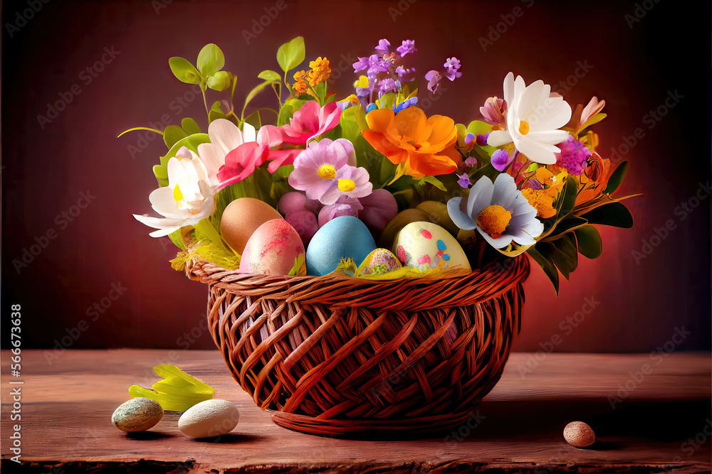 Happy easter, Easter eggs in the basket on wooden rustic table. Ai generate image