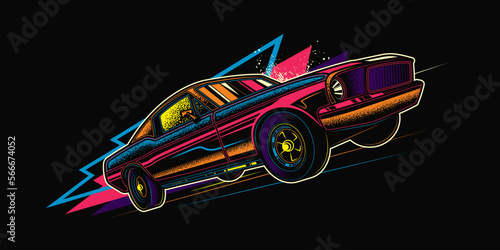 Original vector retro print car on abstract background rides on road. The American muscle car. T-shirt design