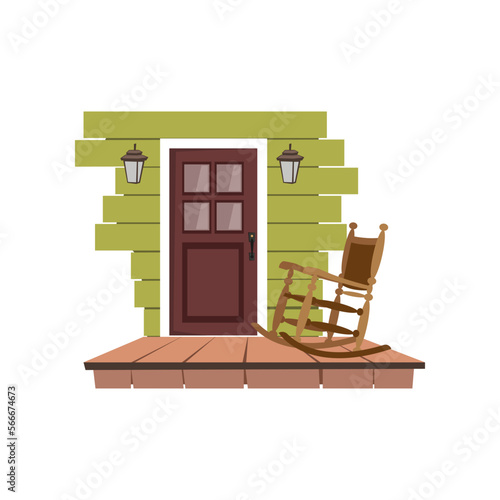 House entrance, walls with lamps and rocking chair at wooden door isolated on white background. Porch flat vector illustration. Exterior design concept