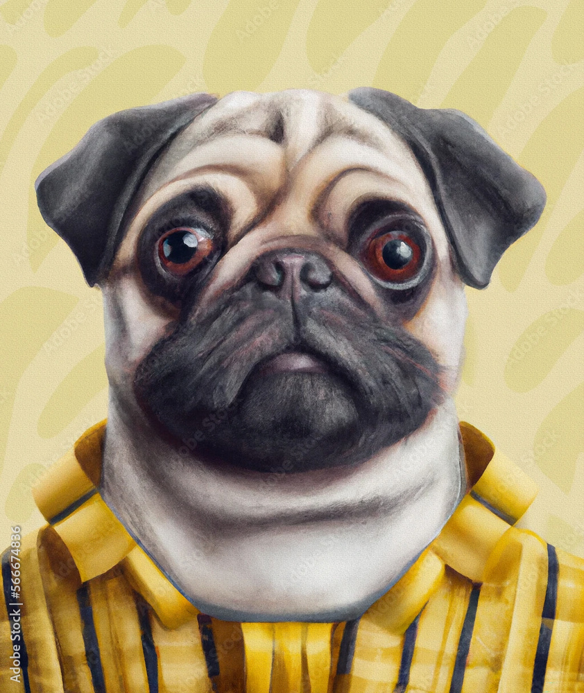 Portrait of anthropomorphic cute pug dog with yellow shirt. Digital art image made with generative AI. ilustracion de Stock Adobe Stock