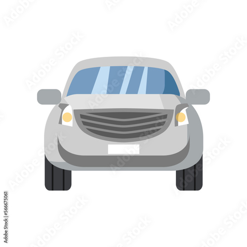 Silver car front view cartoon vector illustration. Silver transport vehicle, silver or white car on white background. Means of transport, travel transportation concept