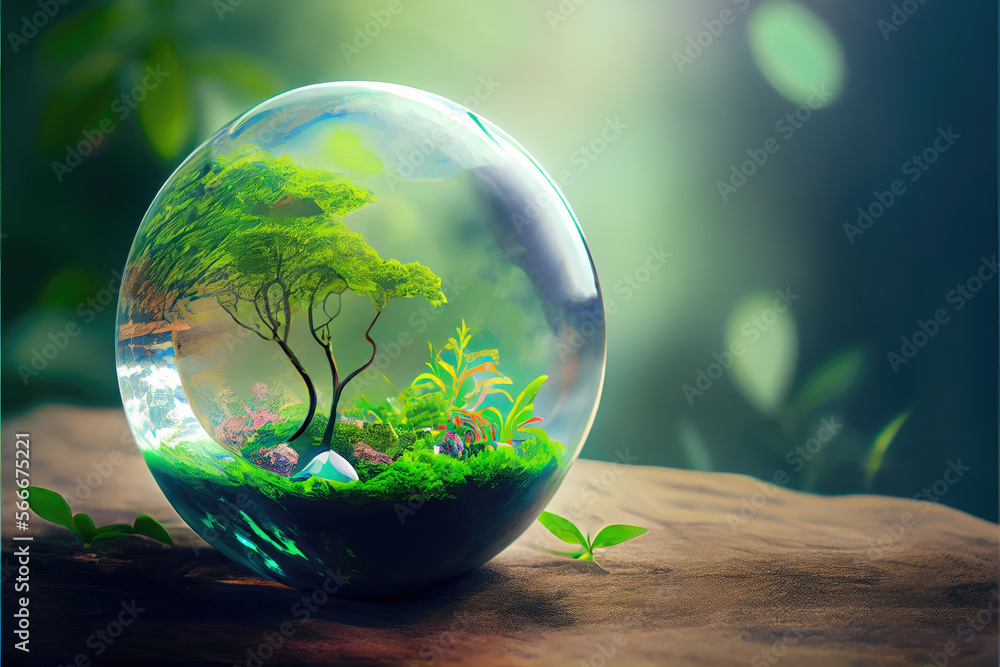 Environment, green planet earth, glass globe with tree. Generative AI