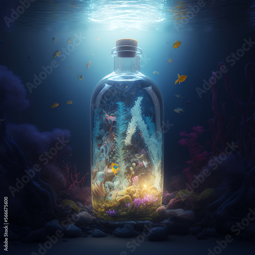 Bottle underwater with reef inside - KI