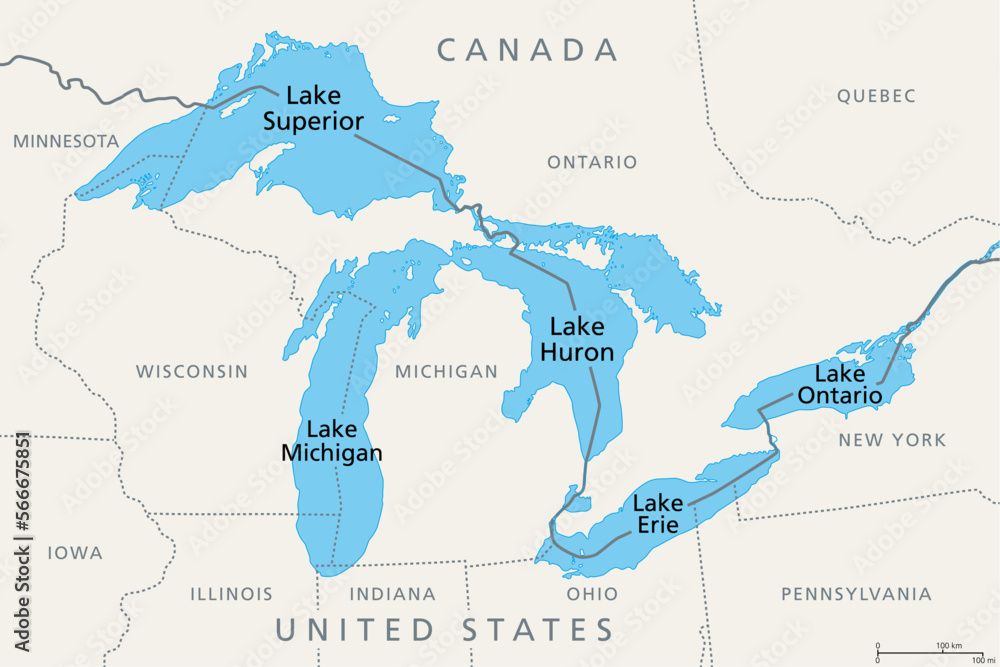 Great Lakes of North America, political map. Lake Superior, Michigan, Huron, Erie and Lake Ontario. A series of large interconnected freshwater lakes on or near the border of Canada and United States.