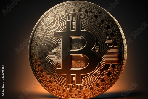 A shiny golden BTC coin with a dark background and the big beautiful Bitcoin coin