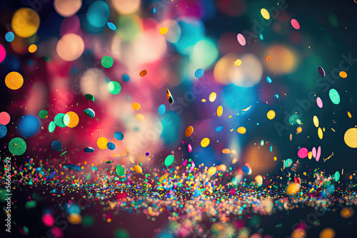 Celebrate carnival with this lively and vibrant image featuring a shower of colorful confetti against a brightly colored background with bokeh effect. Generative AI