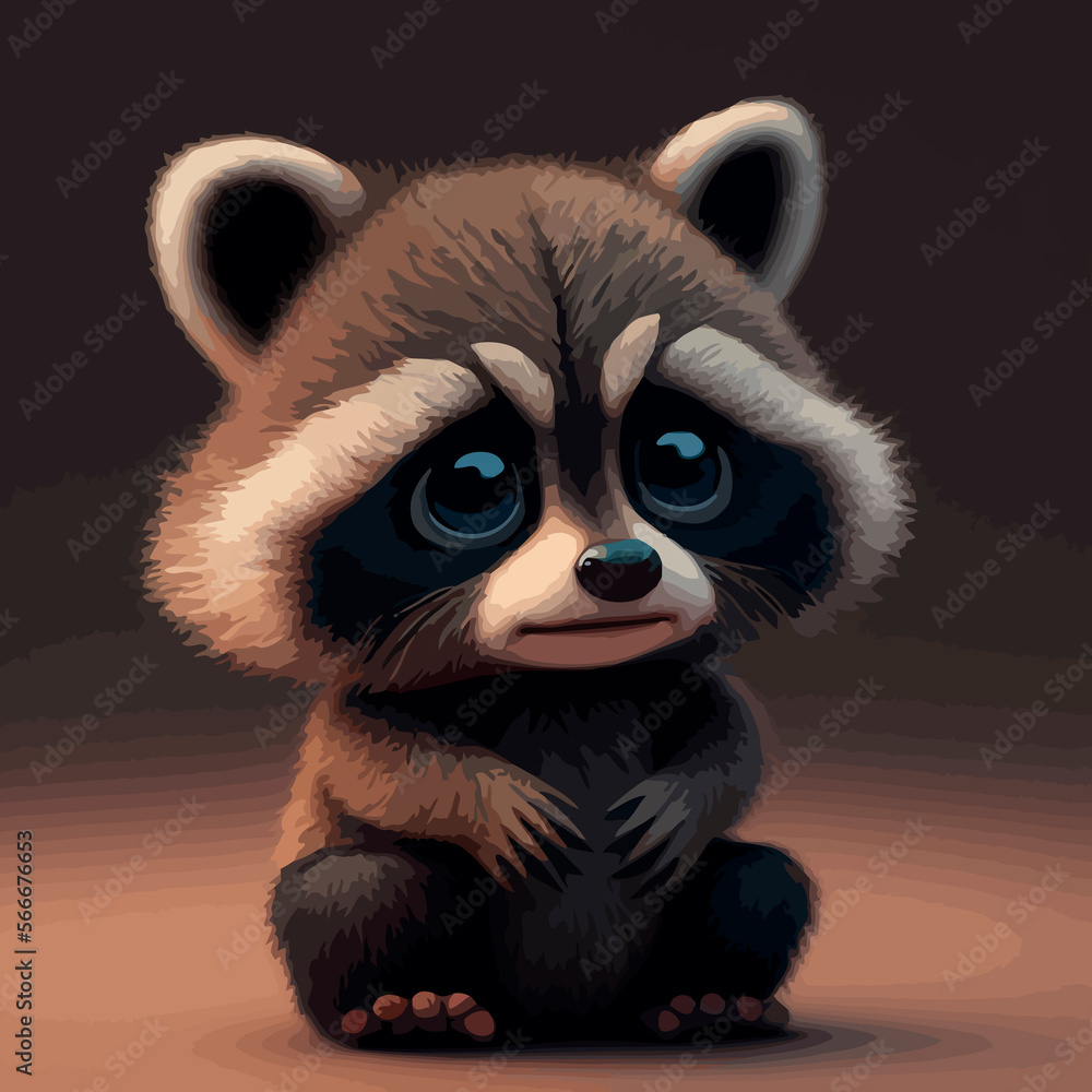 Portrait of a cute raccoon on a dark background. Vector illustration. Cartoon raccoon with blue eyes sitting on the floor.