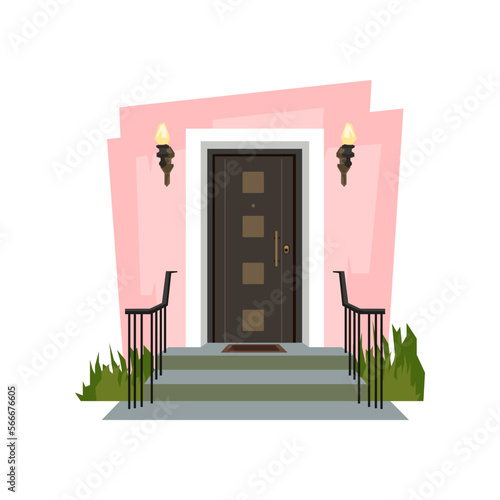 House or apartment entrance, wall with lamps and stairway around wooden door isolated on white background. Porch flat vector illustration. Exterior design concept