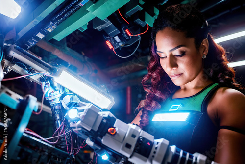 Neon lit mechanics shop portrait of Puerto Rican cyborg woman with prosthetic arm repairing futuristic technology Generative AI Photo photo
