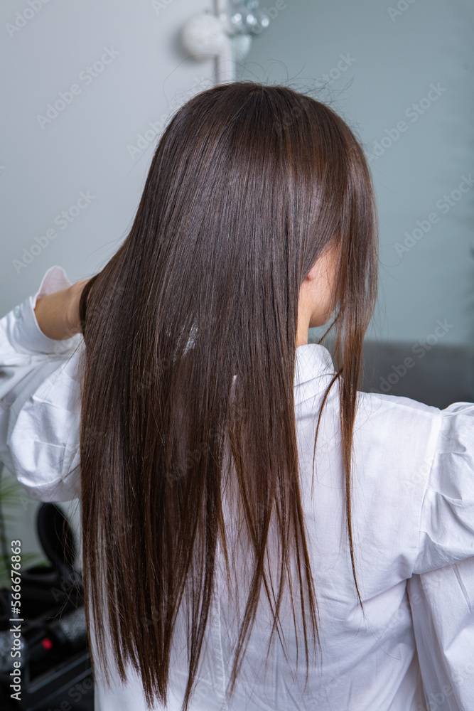 Fototapeta premium A straight healthy brunette hair that has undergone the hair straightening procedure. straight, shiny and healthy brunette hair