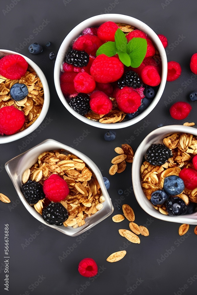 crispy muesli and fresh berries for breakfast on dark background, horizontal - generative ai crispy muesli and fresh berries for breakfast on dark background, horizontal - generative ai