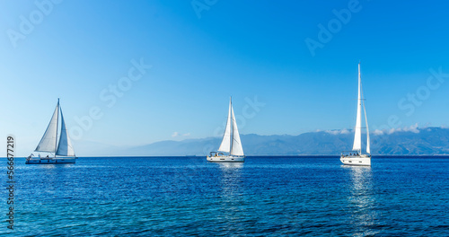 Fototapeta Naklejka Na Ścianę i Meble -  sailing yacht boats with white sails in blue sea , seascape of beautiful ships in sea gulf with mountain coast on background