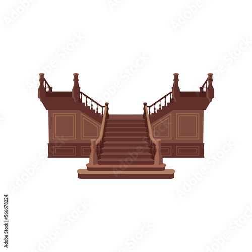 Front view of wooden staircase flat vector illustration. Vintage stairway for hall leading in two ways isolated on white background. Home interior concept