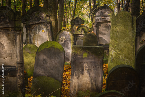 Old tombs in Jewish cementary in Warsaw, Poland in autumn foliage.